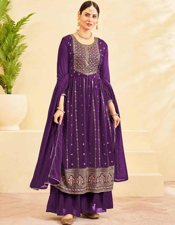 Heavy Designer Wedding Wear Georgette Salwar Suit Grape Purple Georgette Sharara Straight Front View